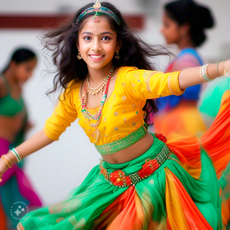 an indian elder girl dancing in a college during the fest